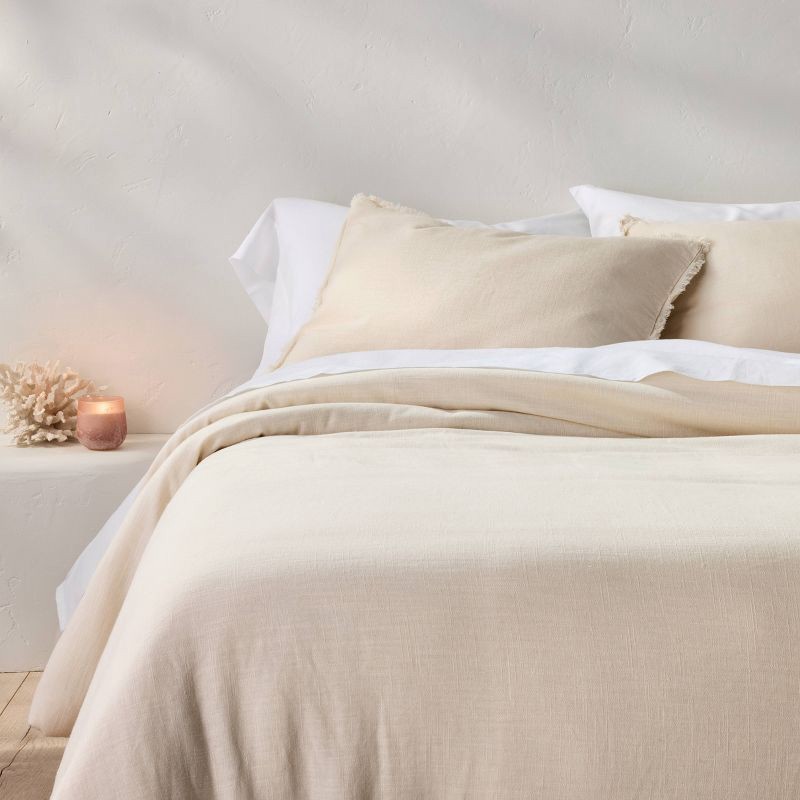 slide 1 of 8, King/California King Heavyweight Linen Blend Comforter & Sham Set Natural - Casaluna™: Rayon & Cotton, Hidden Quilting, Zip Closure, 1 ct