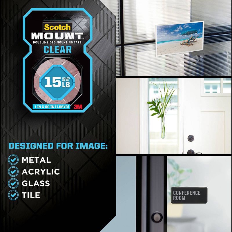 slide 4 of 9, Scotch Mount Double-Sided Mounting Tape Clear 1" x 60": Heavy Duty Wall Tape, Double Stick for Art & Office, 1 ct