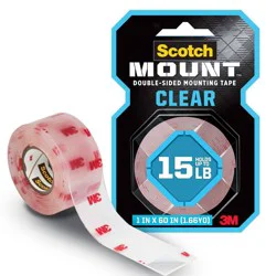 Scotch Mount Double-Sided Mounting Tape Clear 1" x 60": Heavy Duty Wall Tape, Double Stick for Art & Office