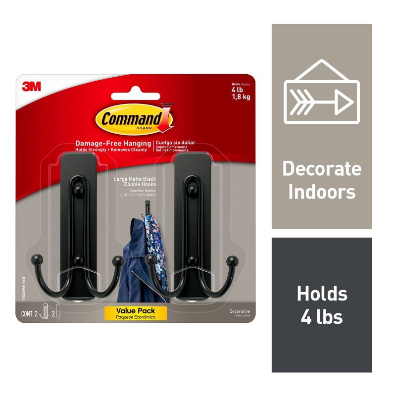 slide 2 of 14, Command 2pk Large Sized Double Decorative Hook Matte Black, 2 ct