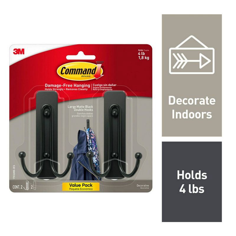 slide 13 of 16, Command 2pk Large Sized Double Decorative Hook Matte Black, 2 ct