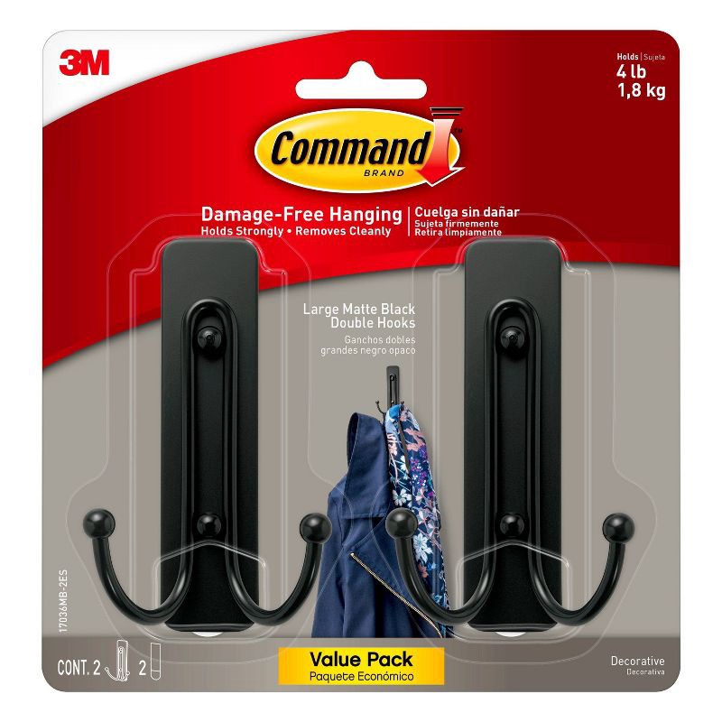 slide 1 of 11, Command 2pk Large Sized Double Decorative Hook Matte Black, 2 ct