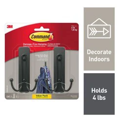 Command 2pk Large Sized Double Decorative Hook Matte Black