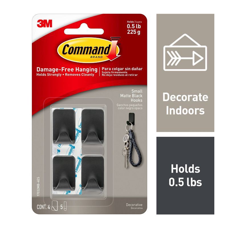 slide 2 of 13, Command Decorative Hooks Black: Matte Plastic Wall Hooks, 0.5 lb Capacity, Set of 4, 0.5 lb