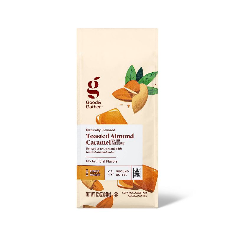 slide 1 of 4, Naturally Flavored Toasted Almond Caramel Light Roast Ground Coffee - 12oz - Good & Gather™, 12 oz