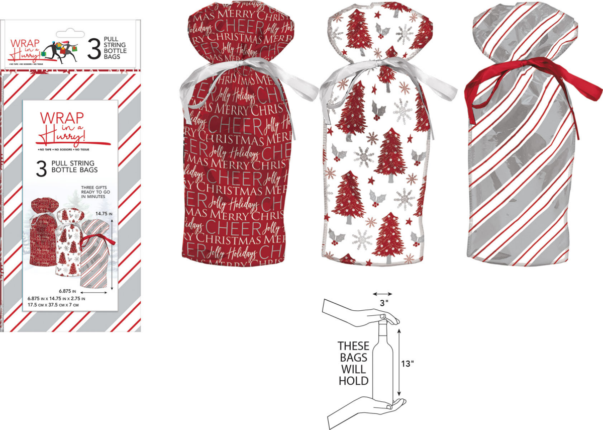 slide 1 of 1, Wrap-In-A-Hurry Bottle Pull String Sack, 3 ct