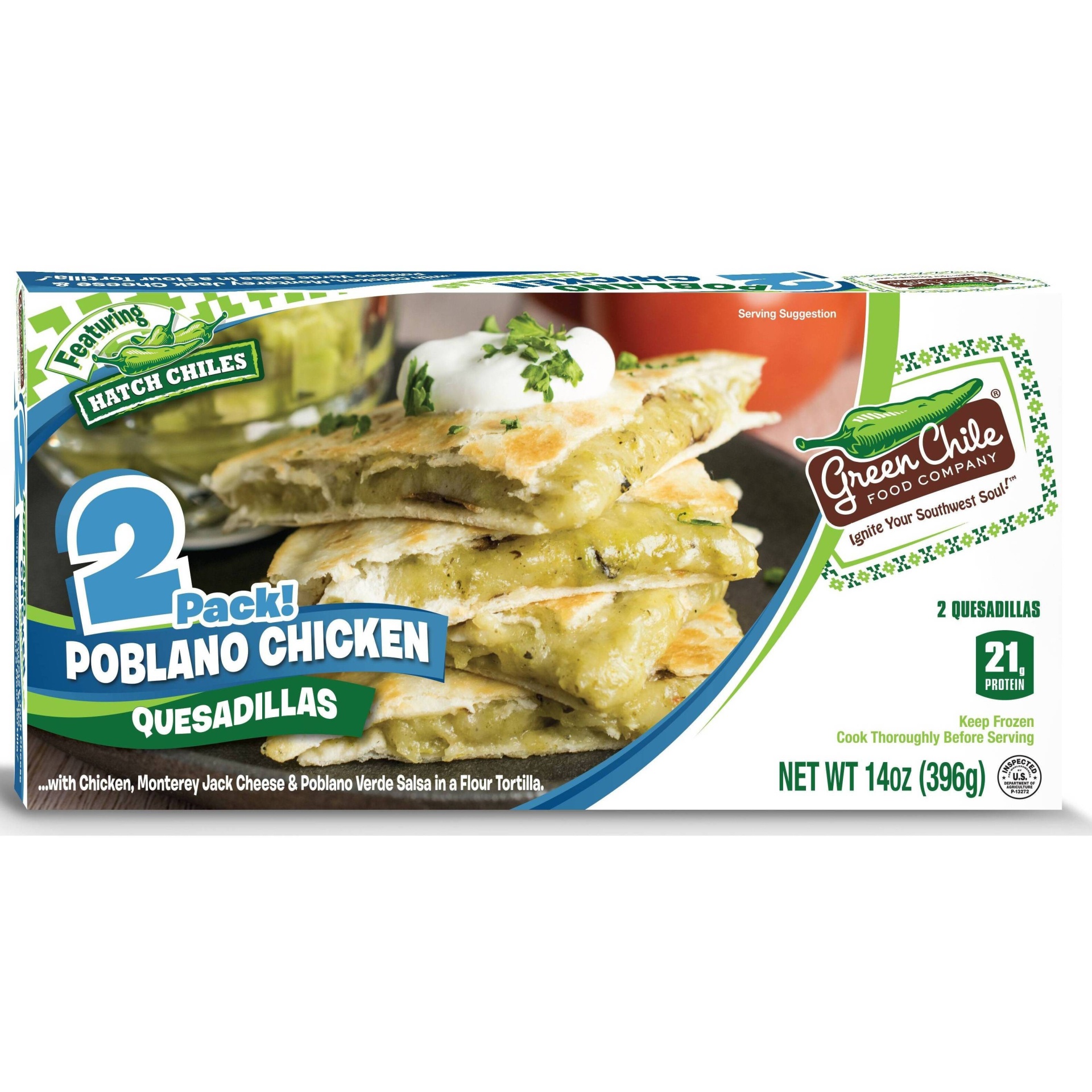 slide 1 of 3, Green Chile Food Company Green Chile Frozen Quesadilla Poblano Chicken, 14 oz