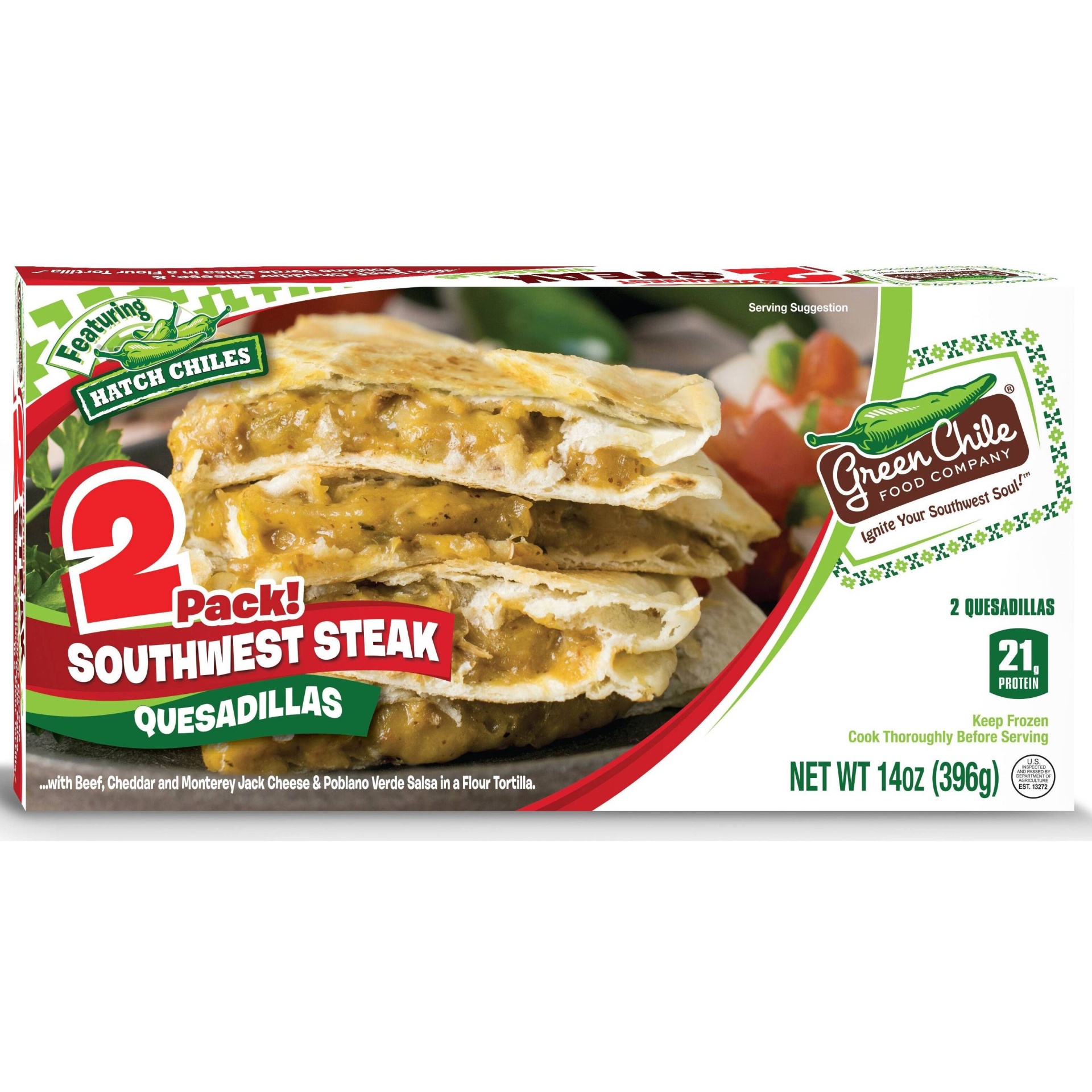 slide 1 of 3, Green Chile Food Company Green Chile Frozen Quesadilla Southwest Steak, 14 oz