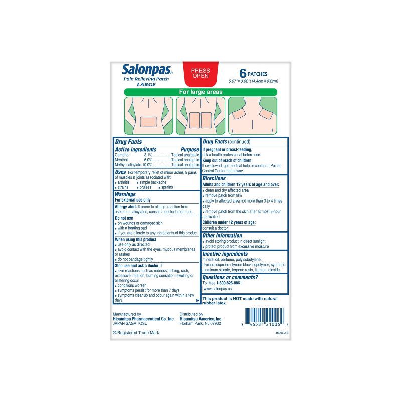 slide 2 of 6, Salonpas Large Size Pain Relieving Patch - 8 Hour Pain Relief - 6ct, 6 ct