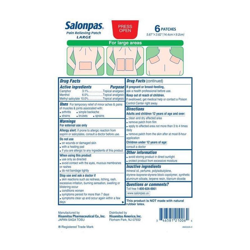 slide 2 of 7, Salonpas Large Size Pain Relieving Patch - 8 Hour Pain Relief - 6ct, 6 ct