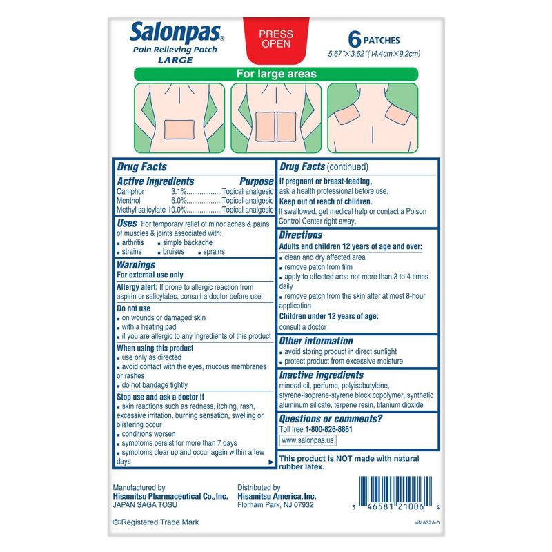 slide 2 of 4, Salonpas Large Size Pain Relieving Patch - 8 Hour Pain Relief - 6ct, 6 ct