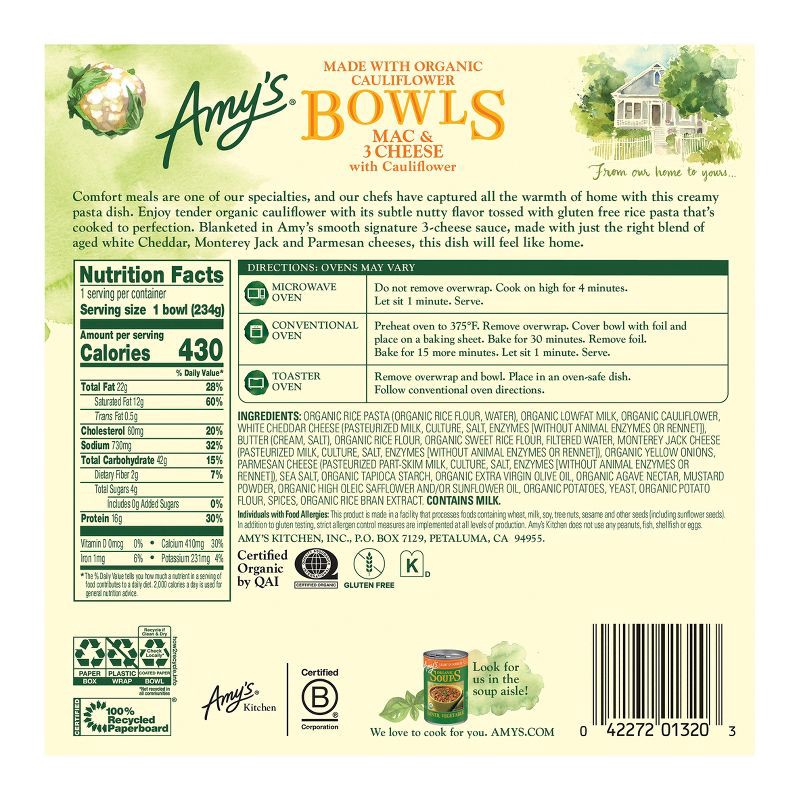 slide 2 of 11, Amy's Gluten Free Frozen Mac & 3 Cheese with Cauliflower Bowl - 8.25oz, 8.25 oz