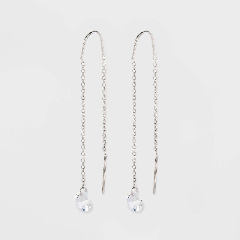 slide 1 of 2, Round Clear Crystal Cubic Zirconia Threader Earrings - A New Day™ Silver: Sterling, Polished, Nickel-Free, 1 ct