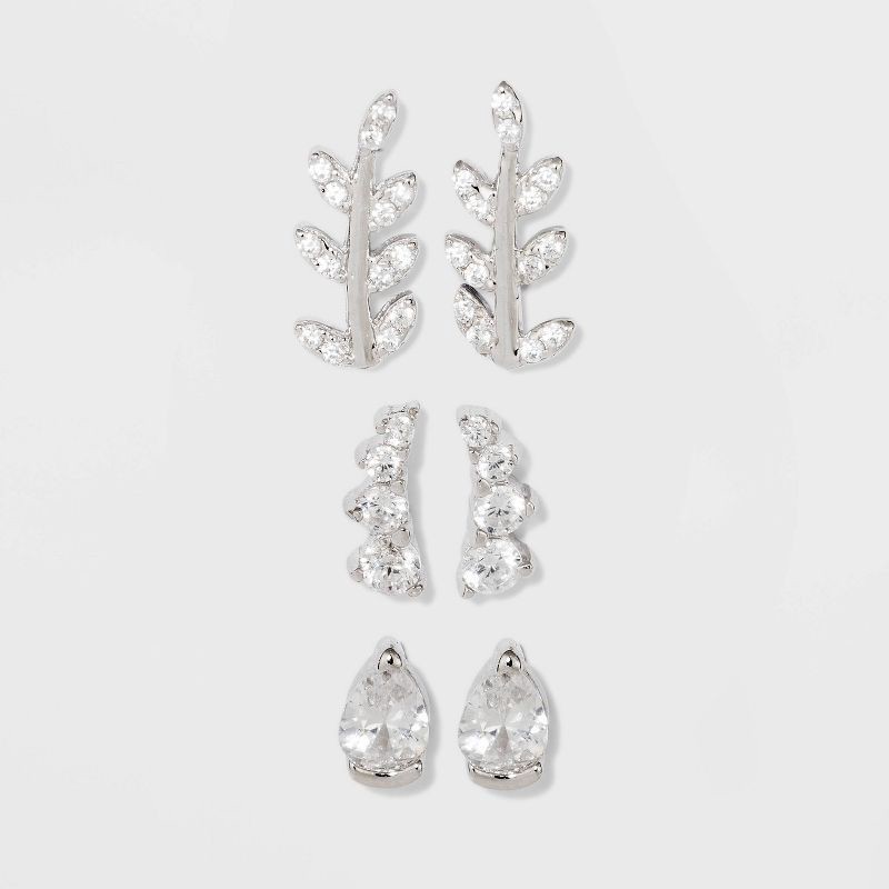 slide 1 of 2, Sterling Silver Cubic Zirconia Leaf, Crawler and Teardrop Stud Earring Set 3pc - A New Day™ Silver: Nickel-Free, Polished Finish, 3 ct