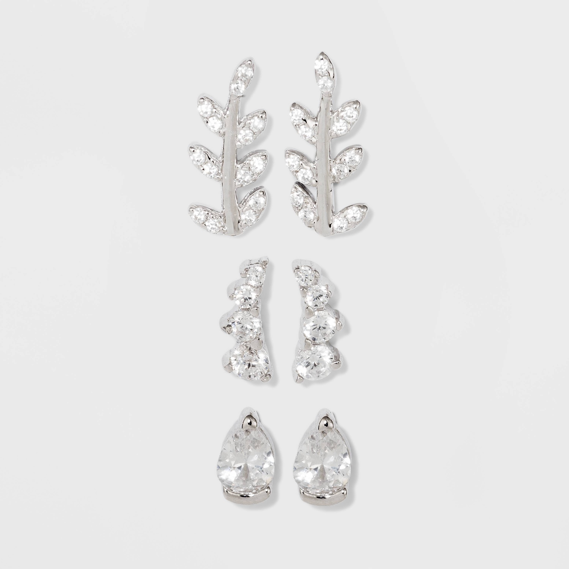 slide 1 of 2, Sterling Silver Cubic Zirconia Leaf, Crawler and Teardrop Stud Earring Set 3pc - A New Day Silver, 3 ct