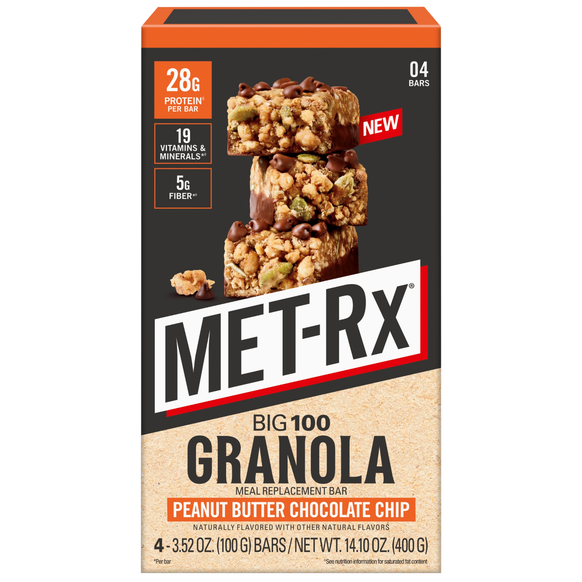 slide 1 of 7, MET RX Met-Rx Big 100 Meal Replacement Bar, Granola Peanut Butter, 4 Pack/3.52 oz, 4 ct, 3.52 oz