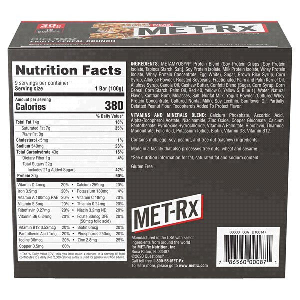 slide 4 of 5, MET-Rx Big 100 Fruity Cereal Crunch Meal Replacement Bar 3.52 oz, 9 ct