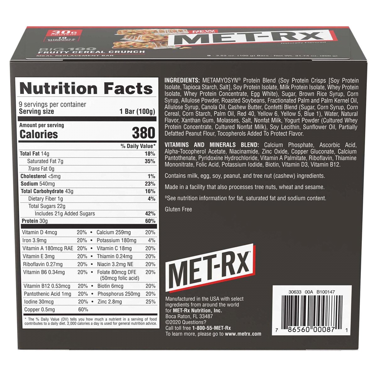 slide 5 of 5, MET-Rx Big 100 Fruity Cereal Crunch Meal Replacement Bar 3.52 oz, 9 ct