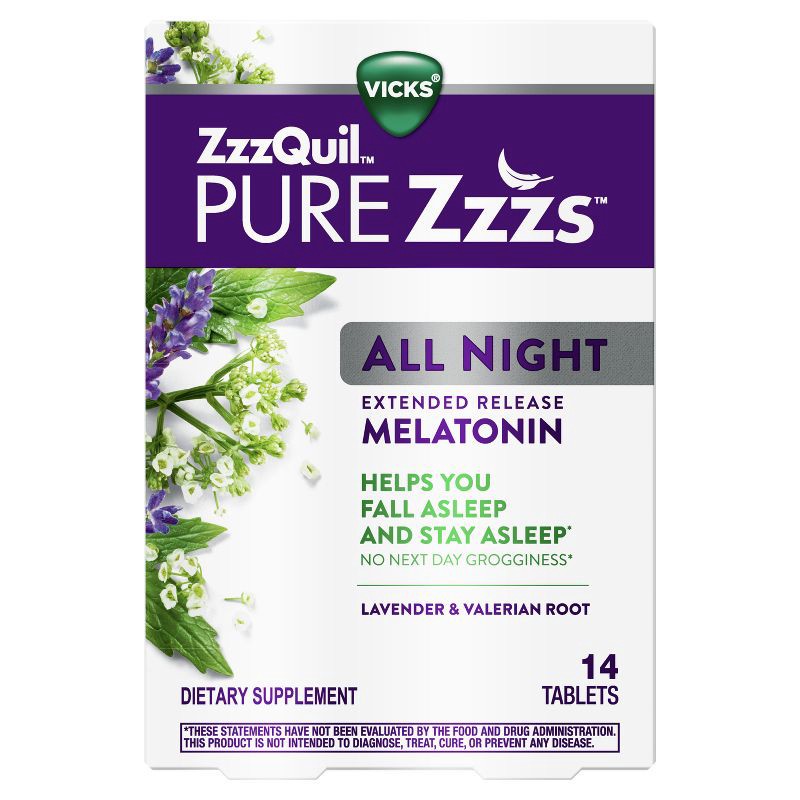slide 9 of 12, ZzzQuil Pure Zzzs All Night Extended Release Melatonin Tablets - 14ct, 14 ct