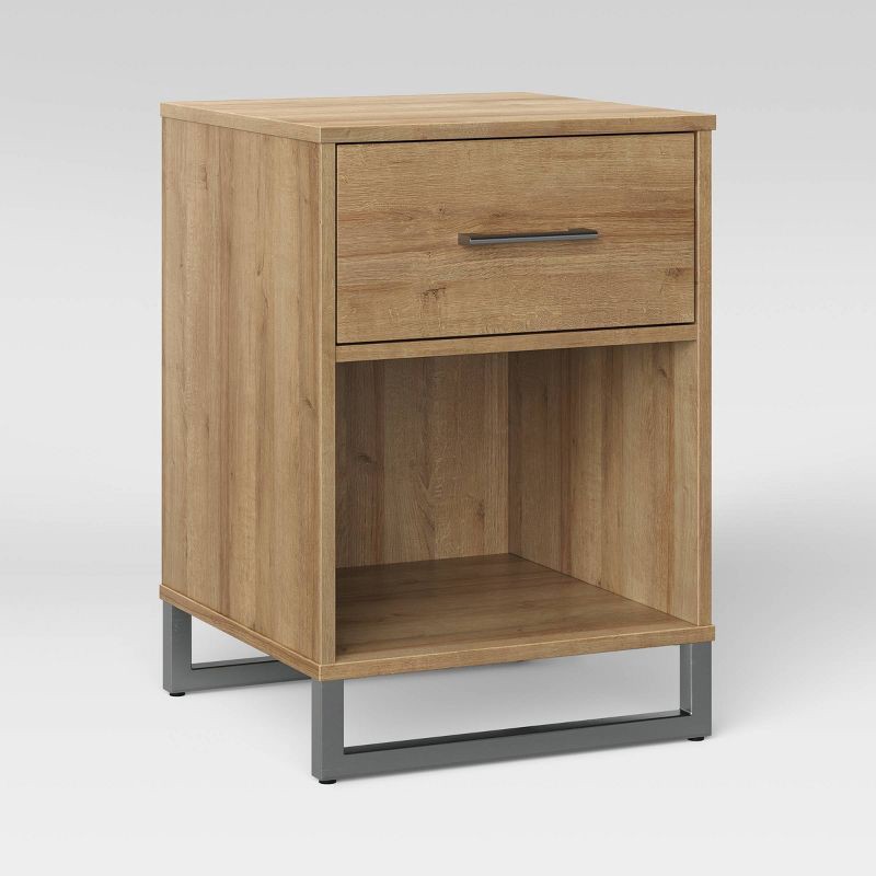 slide 3 of 3, Mixed Material Nightstand Natural - Room Essentials™: Spacious Drawer, Open Shelf, Metal Legs, 1 ct