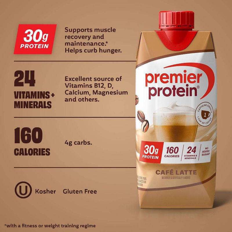 slide 4 of 10, Premier Protein Nutritional Shake Café Latte Caffeinated - 11 fl oz/4pk, 4 ct; 11 fl oz