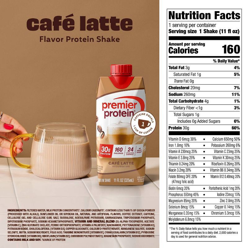 slide 10 of 10, Premier Protein Nutritional Shake Café Latte Caffeinated - 11 fl oz/4pk, 4 ct; 11 fl oz