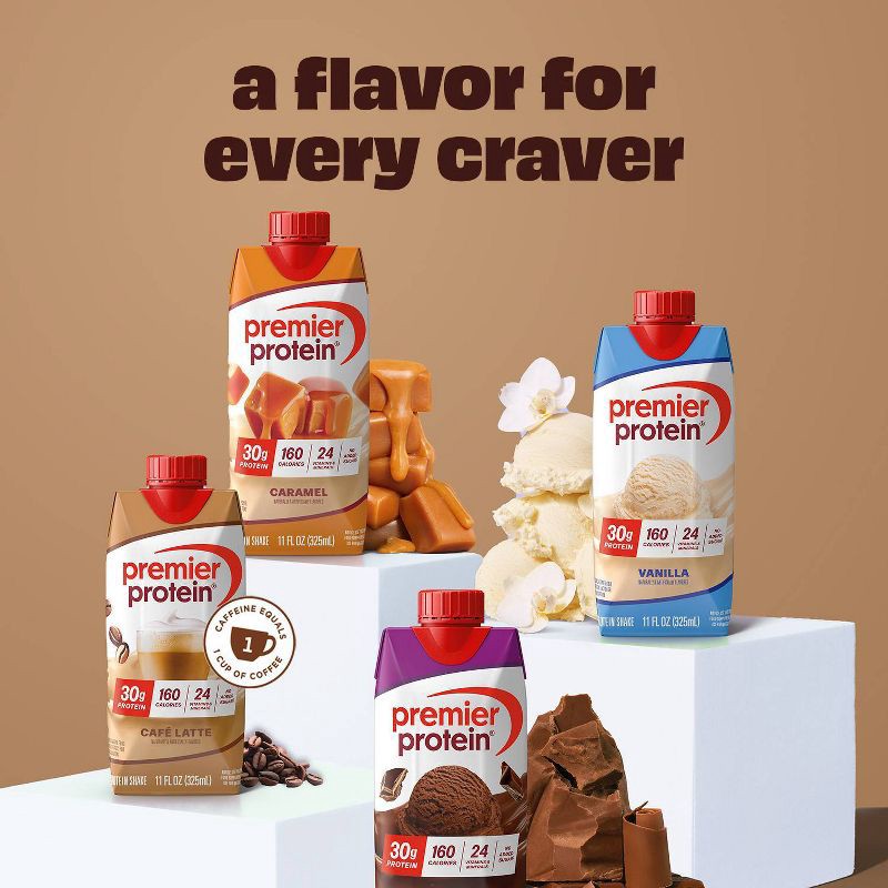 slide 3 of 10, Premier Protein Nutritional Shake Café Latte Caffeinated - 11 fl oz/4pk, 4 ct; 11 fl oz