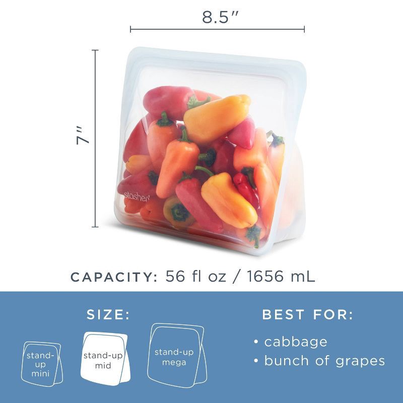 slide 4 of 7, stasher Premium Silicone Reusable Food Storage Stand-Up Mid Bag - Clear, 1 ct