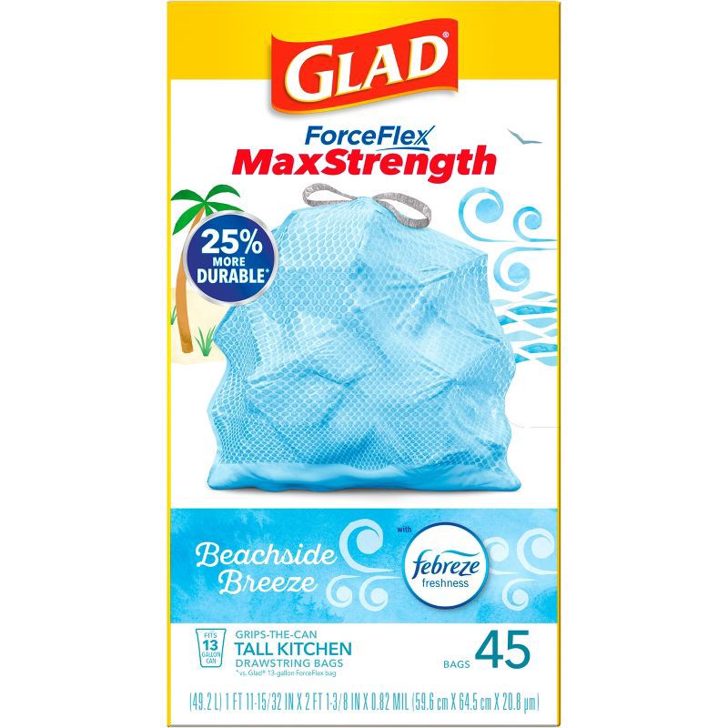 slide 13 of 18, Glad ForceFlex MaxStrength Tall Kitchen Drawstring Trash Bags - Febreze Beachside Breeze - 13 Gallon /45ct, 45 ct; 13 gal