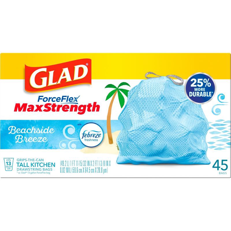 slide 16 of 18, Glad ForceFlex MaxStrength Tall Kitchen Drawstring Trash Bags - Febreze Beachside Breeze - 13 Gallon /45ct, 45 ct; 13 gal