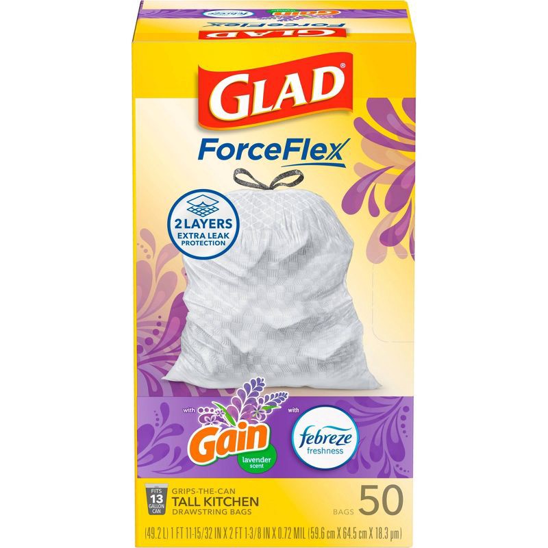 slide 2 of 11, Glad ForceFlex Tall Kitchen Drawstring Trash Bags - Gain Lavender with Febreze Freshness - 13gal, 13 gal