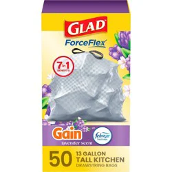 Glad ForceFlex Tall Kitchen Drawstring Trash Bags - Gain Lavender with Febreze Freshness - 13gal