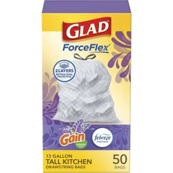 Glad ForceFlex Tall Kitchen Drawstring Trash Bags - Gain Lavender with Febreze Freshness - 13gal
