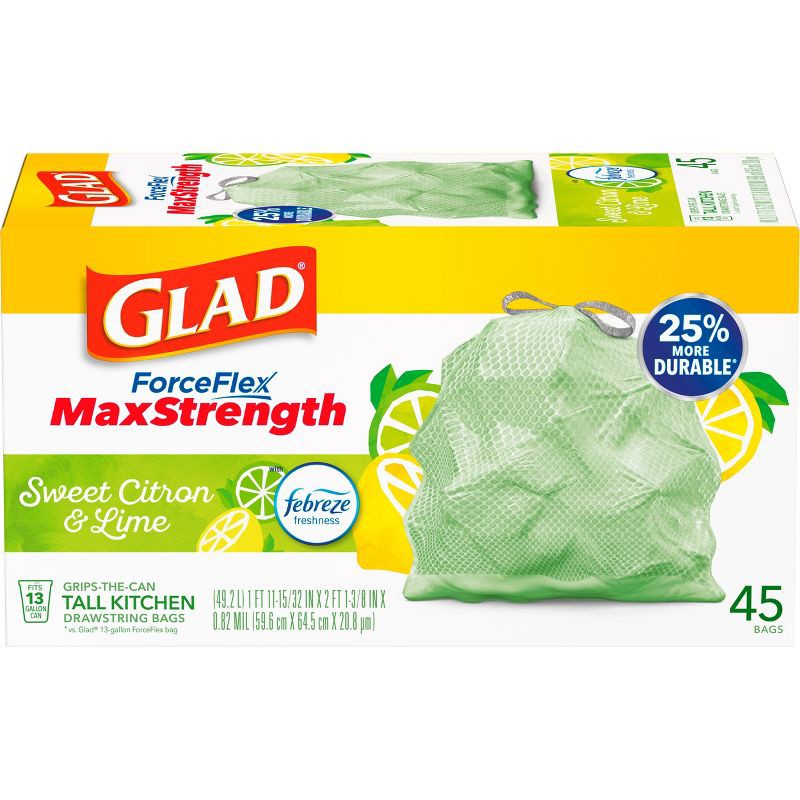 slide 2 of 18, Glad ForceFlex MaxStrength Tall Kitchen Drawstring Trash Bags - Febreze Sweet Citron & Lime - 13 Gallon/45ct, 45 ct; 13 gal