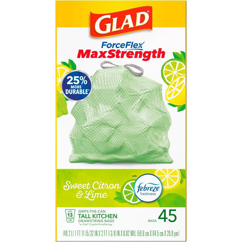 slide 12 of 18, Glad ForceFlex MaxStrength Tall Kitchen Drawstring Trash Bags - Febreze Sweet Citron & Lime - 13gal/45ct, 45 ct; 13 gal