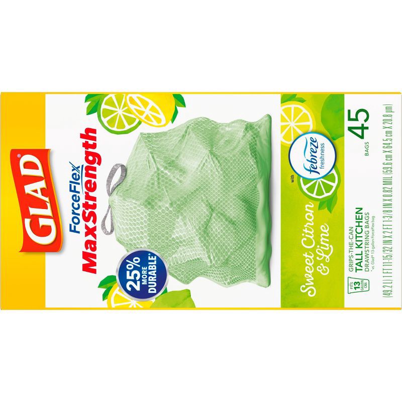 slide 15 of 18, Glad ForceFlex MaxStrength Tall Kitchen Drawstring Trash Bags - Febreze Sweet Citron & Lime - 13gal/45ct, 45 ct; 13 gal