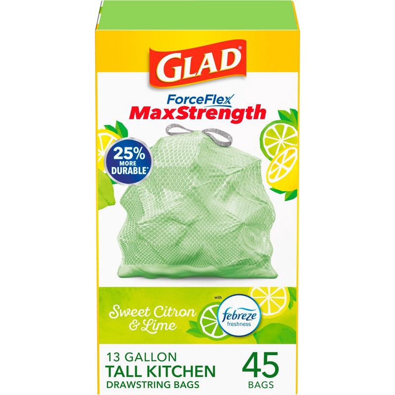 slide 1 of 18, Glad ForceFlex MaxStrength Tall Kitchen Drawstring Trash Bags - Febreze Sweet Citron & Lime - 13 Gallon/45ct, 45 ct; 13 gal