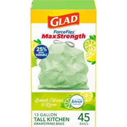 Glad ForceFlex MaxStrength Tall Kitchen Drawstring Trash Bags - Febreze Sweet Citron & Lime - 13gal/45ct