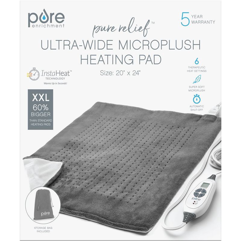 slide 5 of 5, Pure Enrichment PureRelief with 6 Heat Settings and Auto Shut-off XXL Extra Wide Heating Pad - 20"x24"- Charcoal Gray, 1 ct