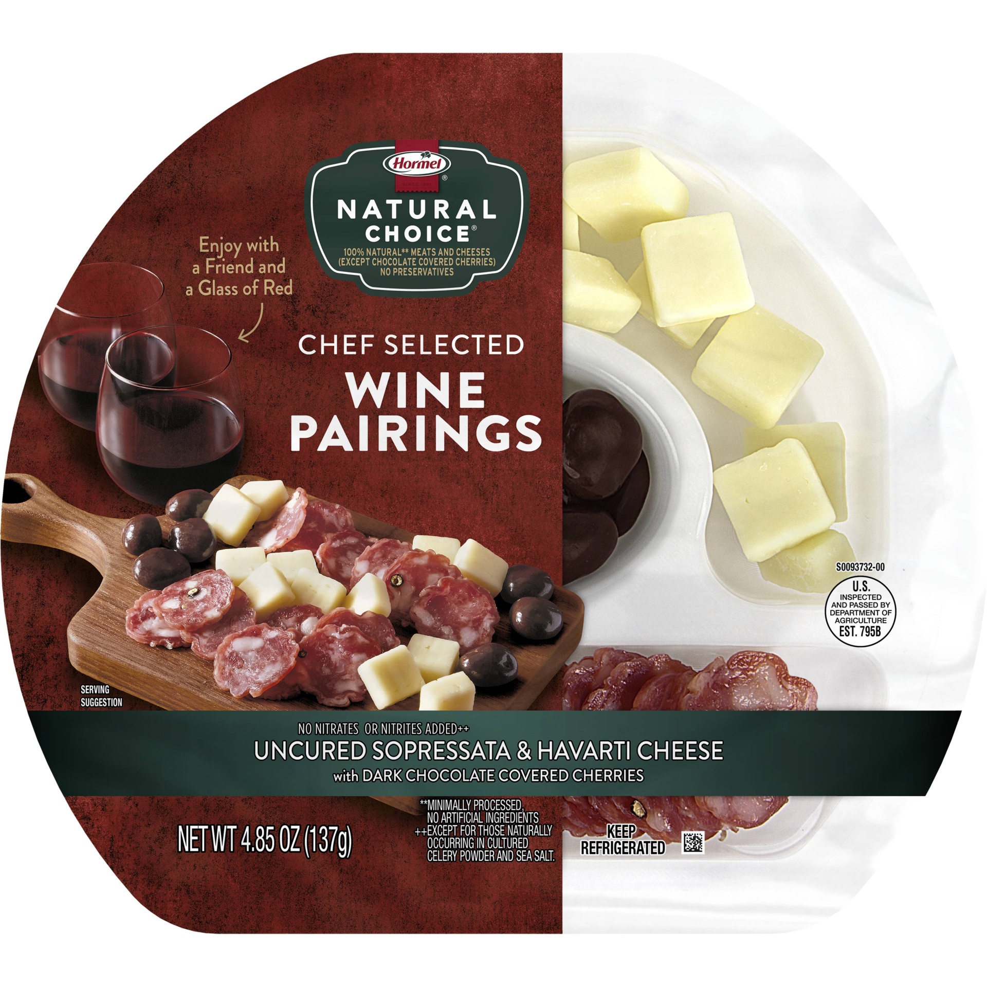 slide 1 of 2, Hormel Natural Choice Sopresatta, Havarti and Chocolate Cherries Red Wine Pairing, 4.85 oz