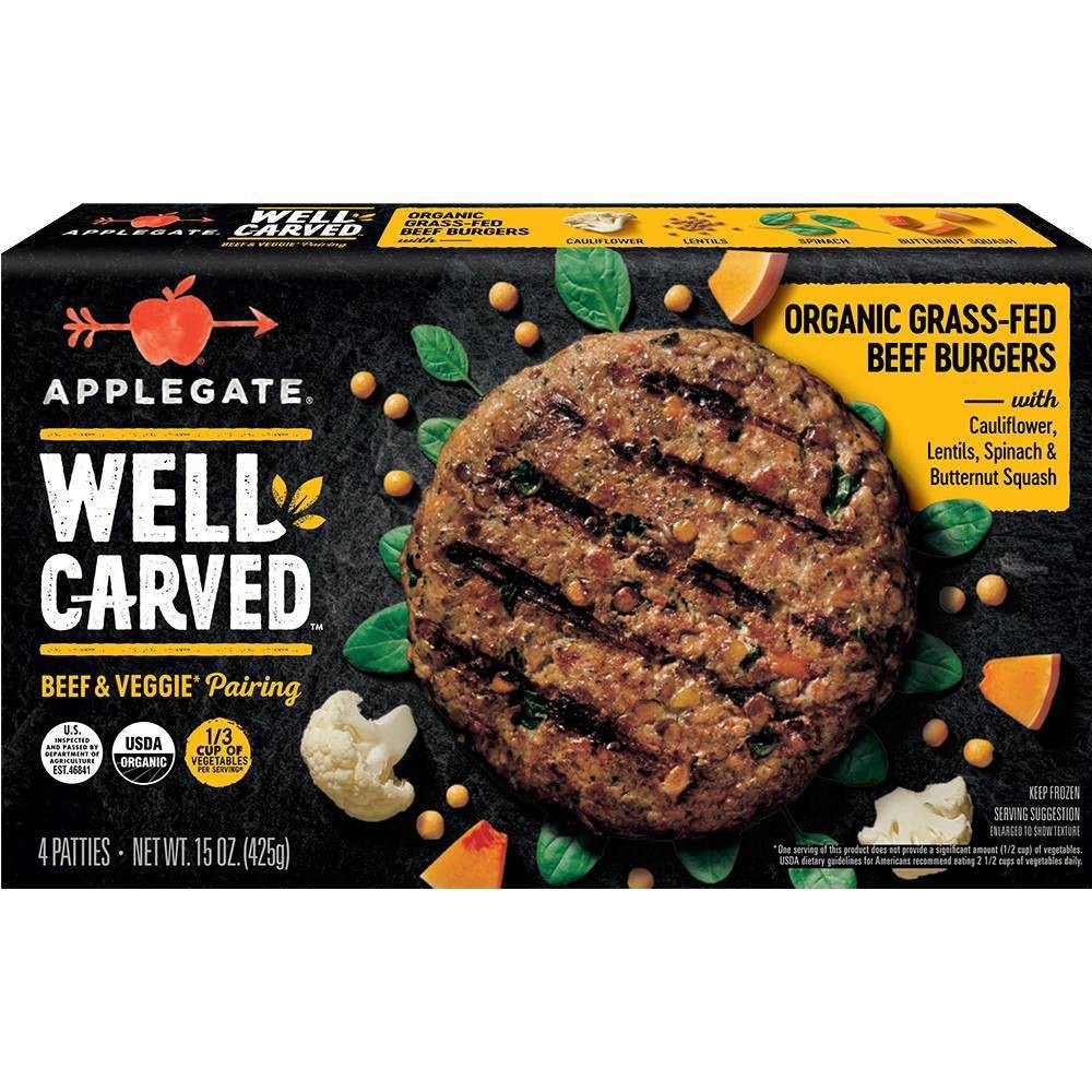 slide 1 of 6, Applegate Farms Applegate Well Carved Organic Beef & Vegetable Burgers - Frozen, 15 oz