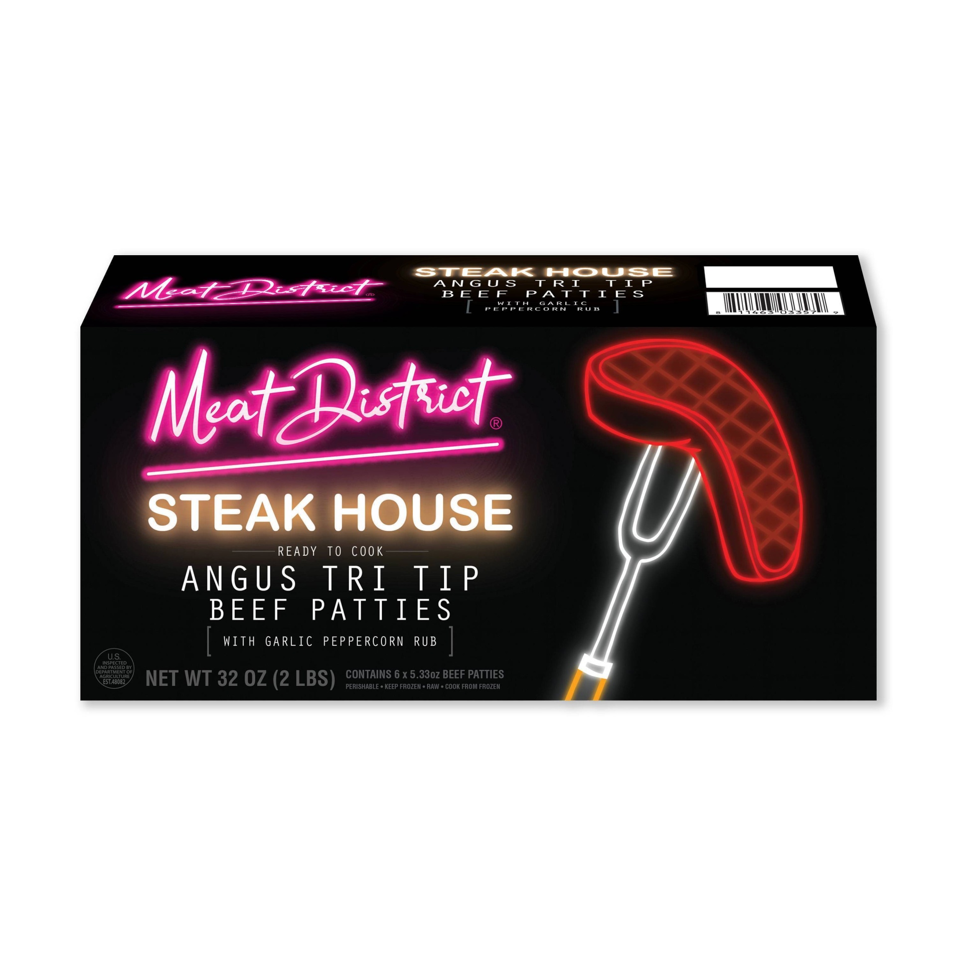 slide 1 of 9, Meat District Steakhouse Angus Beef Tri-Tip Patties - Frozen, 32 oz