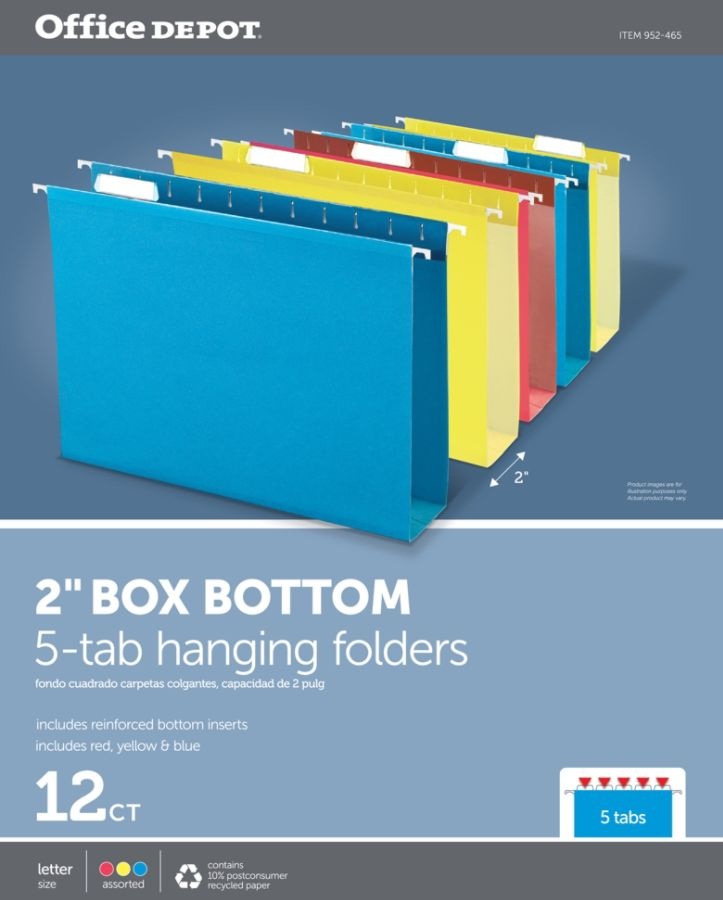 slide 2 of 3, Office Depot Box-Bottom Hanging File Folders, Letter Size (8-1/2'' X 11''), 2'' Expansion, Assorted Colors, Pack Of 12, 12 ct