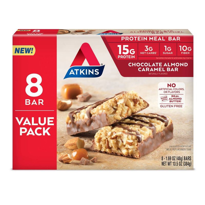 slide 1 of 6, Atkins Chocolate Almond Caramel Protein Meal Bar Value Pack - 8ct/13.5oz, 8 ct; 13.5 oz