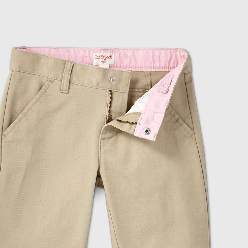 slide 2 of 3, Girls' Flat Front Stretch Uniform Straight Fit Chino Pants - Cat & Jack Beige 7, 1 ct