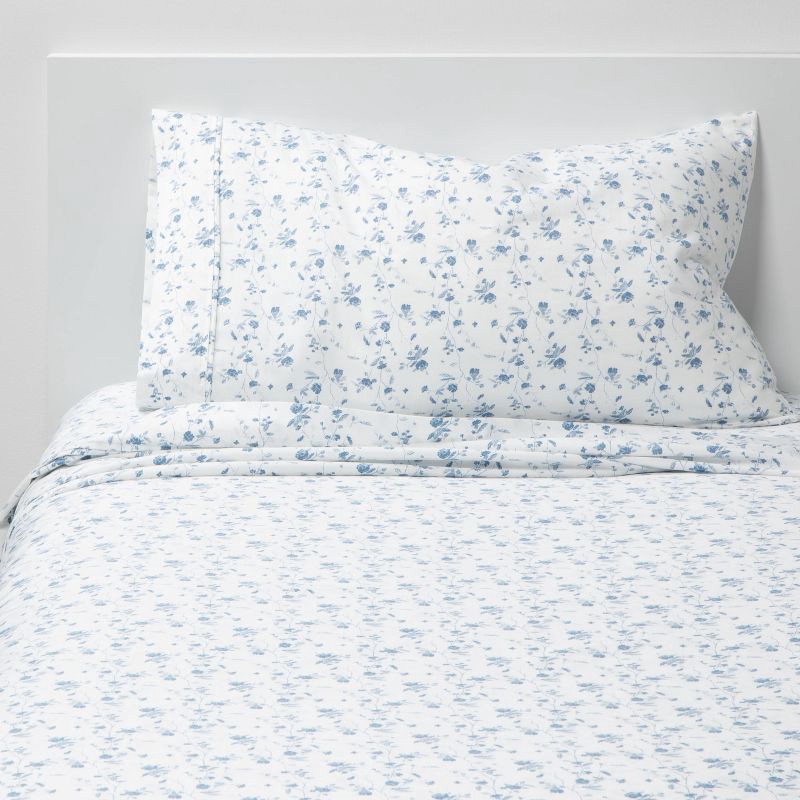 slide 1 of 4, Twin/Twin XL Printed Performance 400 Thread Count Sheet Set White/Blue Floral - Threshold™, 1 ct