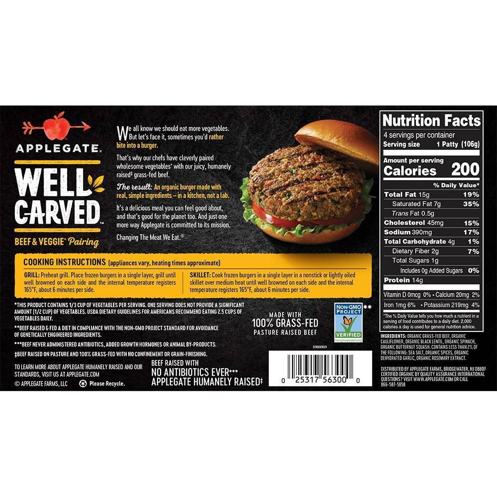 slide 3 of 6, Applegate Farms Applegate Well Carved Organic Beef & Vegetable Burgers - Frozen, 15 oz