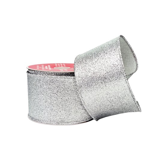 slide 1 of 3, 2.5" X 6.6yd. Silver Wired Glitter Ribbon By Celebrate It, 2.5 in x 6.6 yd
