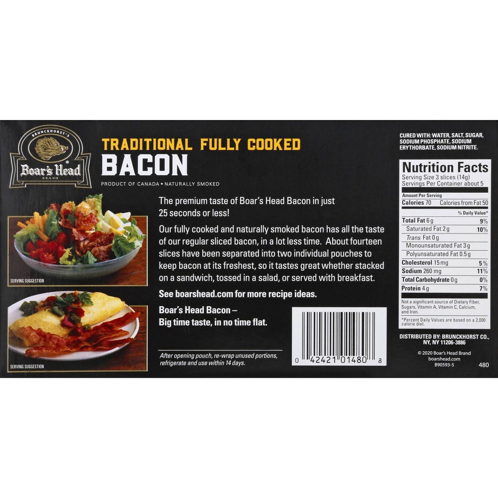 slide 2 of 3, Boars Head Bacon, Traditional, Fully Cooked, 2.29 oz