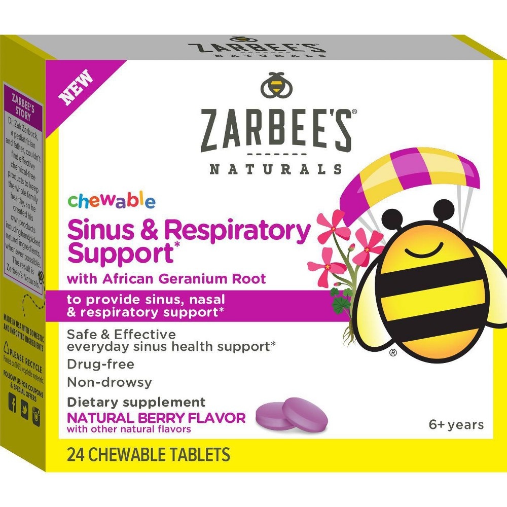 slide 2 of 6, Zarbee's Naturals Children's Chewable Sinus & Respiratory Support - Natural Berry Flavor, 24 ct